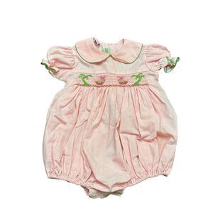 Amanda Remembered Pink &White Checked W/Smocked Pigs & Coconut Trees. Sz 12 Mths